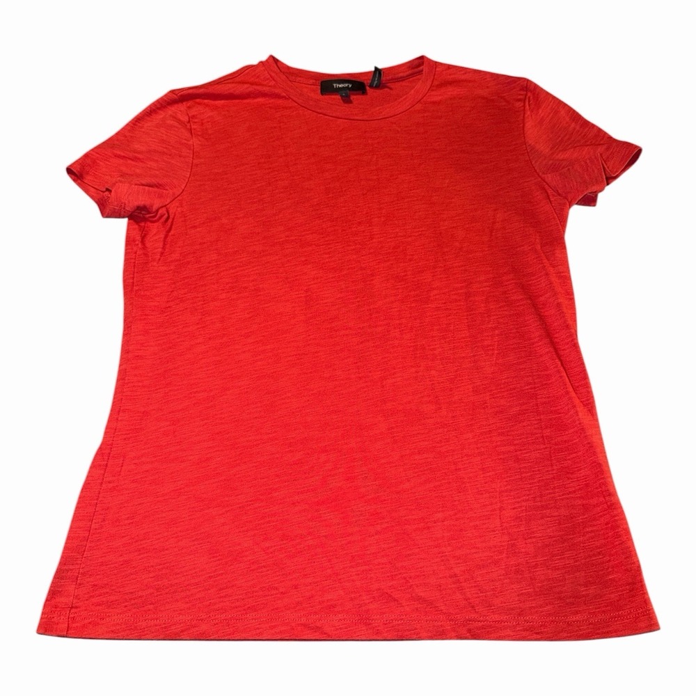 Theory Tiny Tee Orange Red Slub Knit Crewneck Minimalist Top Small Classic